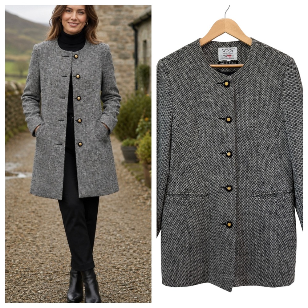 Avoca 100% Pure Wool Tweed Longline Button Up Coat Jacket Large Made in Ireland